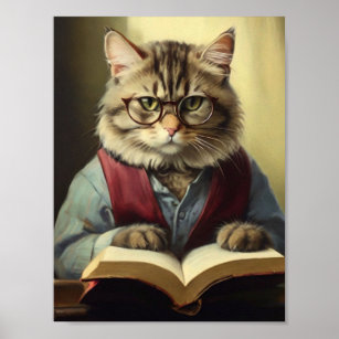 anthropomorphic cat reading a book  poster