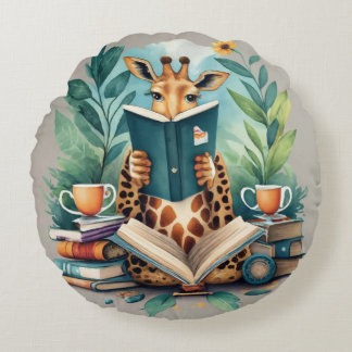 anthropomorphic Giraffe reading a book   Round Cushion
