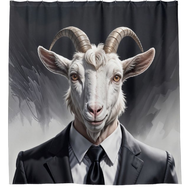 Anthropomorphic goat businessman headshot shower curtain (Front)