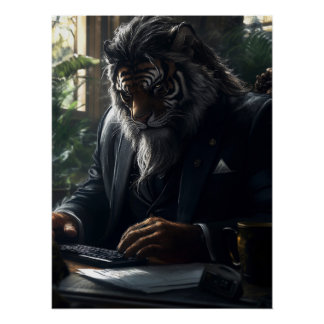 Anthropomorphic Tiger Businessman in a Study Poster