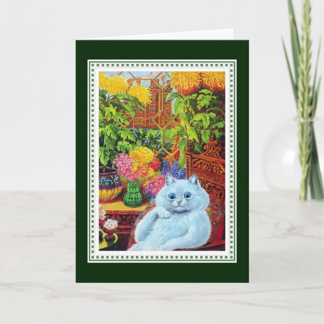 Anthropomorphic White Cat Framed by Yellow Flowers Card (Front)