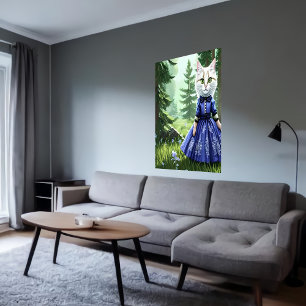 Anthropomorphic white cat in blue dress   AI Art Poster