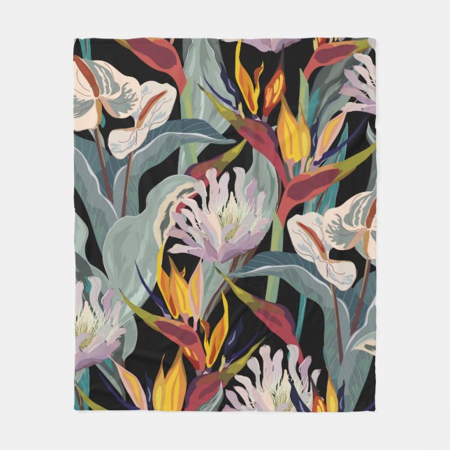 Anthurium and strelitzia seamless vintage pattern. fleece blanket (Front)