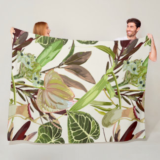 Anthurium flowers, tulips and tropical leaves. fleece blanket