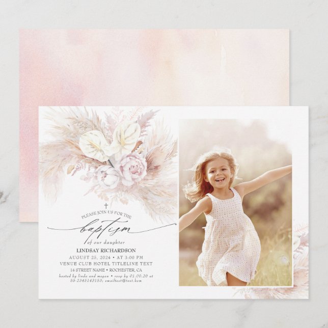 Anthurium Pampas Grass Floral Baptism Photo Invitation (Front/Back)