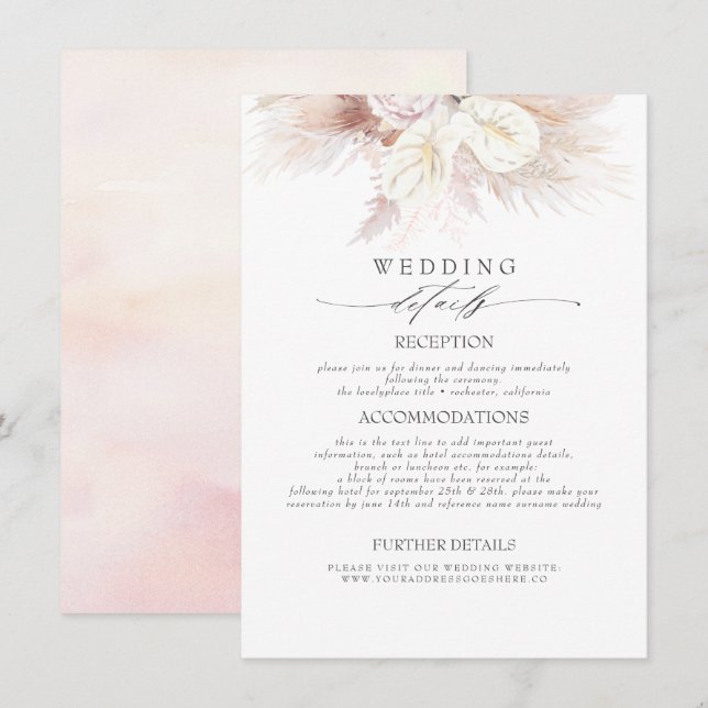 Anthuriums and Pampas Grass Wedding Information Enclosure Card (Front/Back)