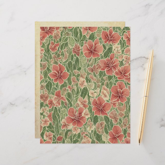 Anthuriums flowers vintage ephemera pattern custom letterhead (Front/Back In Situ)