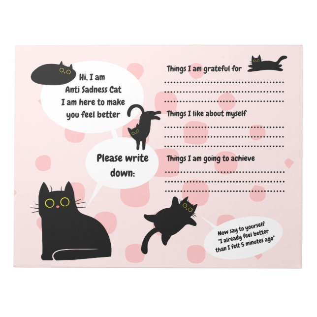 Anti Sadness black cat, Mental Health worksheet Notepad (Front)