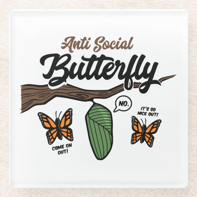 Anti Social Butterfly Glass Coaster (Front)