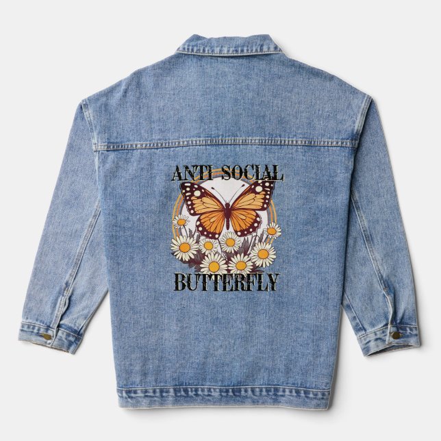 Anti Social Butterfly Retro Boho Daisy Flower  Denim Jacket (Back)