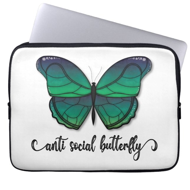 Anti Social Green Butterfly Laptop Sleeve (Front)