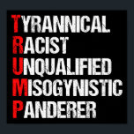 Anti Trump Funny Acronym Poster<br><div class="desc">Anti Trump Funny Acronym Poster which features a word poem describing his character: tyrannical,  racist,  unqualified,  misogynistic panderer. Resist this president and continue to support the resistance efforts for equal rights and basic human decency in America. Fight for freedom in our country for all races and genders.</div>