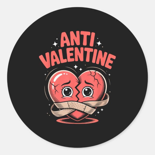 Anti Valentine Broken Heart Cute Bandaged Heart  Classic Round Sticker (Front)