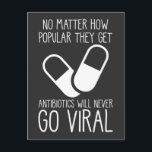 Antibiotics Viral Science Researcher Pharmacist Postcard<br><div class="desc">Funny Pharmacy Tech Quote Gift for Medical Worker. Antibiotics Will Never Go Viral. Pharmacist Saying Pharmacy Technician Student Doctor Humour.</div>