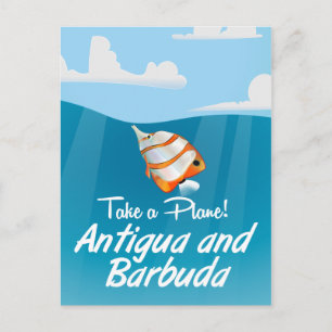 Antigua and Barbuda holiday travel poster cartoon. Postcard