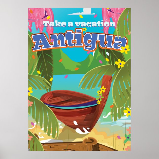 Antigua island vintage travel poster art. (Front)