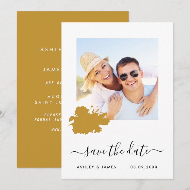 Antigua Map Photo Wedding Save the Date Card (Front/Back)