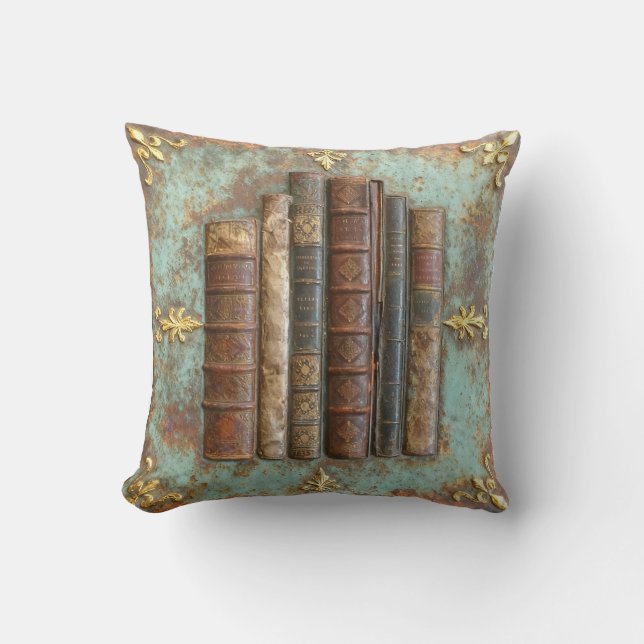 Antike Bücher auf Türkis-Goldener Metallplatte |  Cushion (Front)
