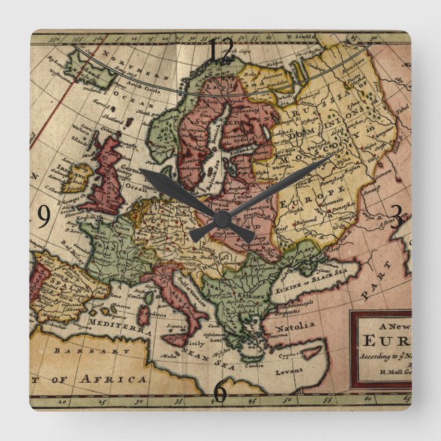 Antiquarian 1721 Map of Europe by Herman Moll Square Wall Clock (Front)