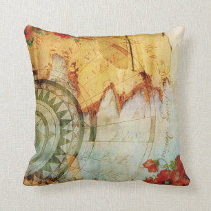 Antiquarian Map Compass & Poppies Pillow