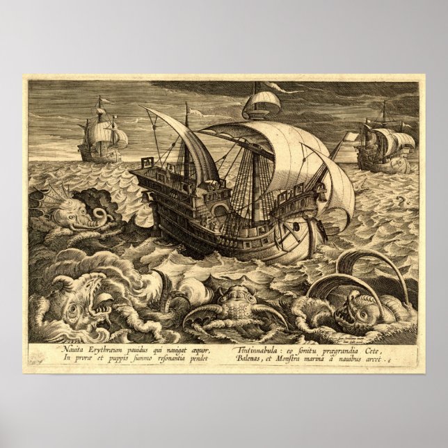 Antique 1590 Ships And Sea Monsters Poster (Front)