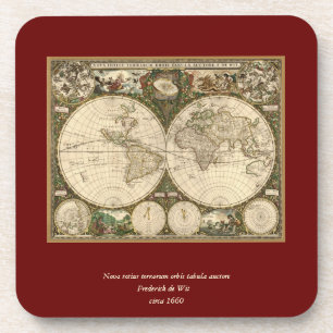 Antique 1660 World Map by Frederick de Wit Coaster