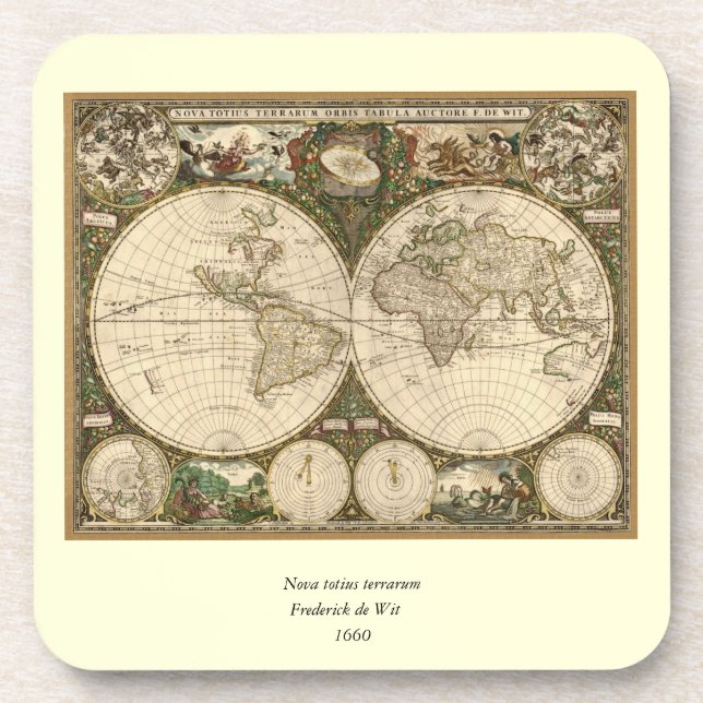 Antique 1660 World Map by Frederick de Wit Coaster (Front)
