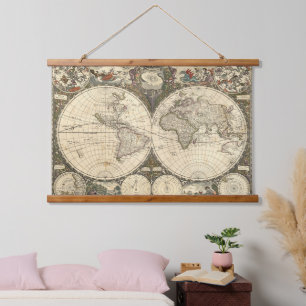 Antique 1660 World Map by Frederick de Wit Hanging Tapestry