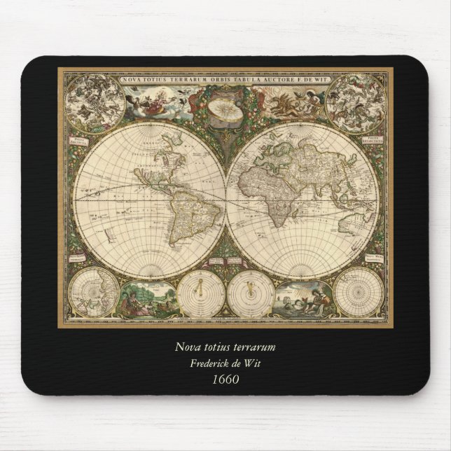 Antique 1660 World Map by Frederick de Wit Mouse Mat (Front)