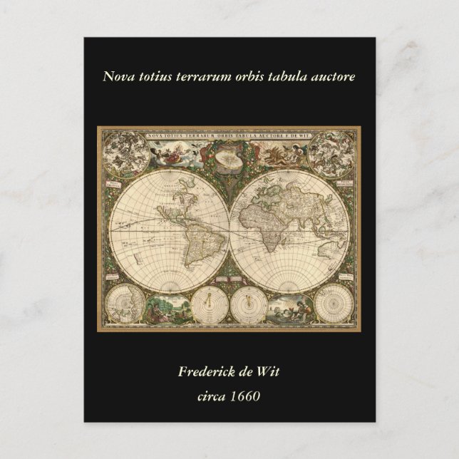 Antique 1660 World Map by Frederick de Wit Postcard (Front)