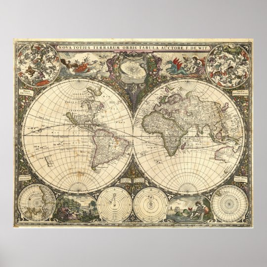 Antique 1660 World Map by Frederick de Wit Poster | Zazzle.co.uk