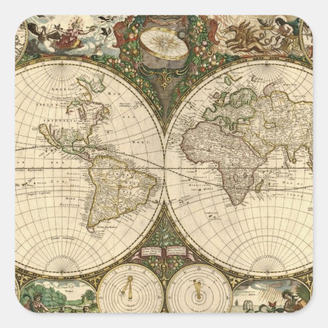 Antique 1660 World Map by Frederick de Wit Square Sticker (Front)