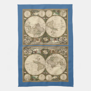 Antique 1660 World Map by Frederick de Wit Tea Towel