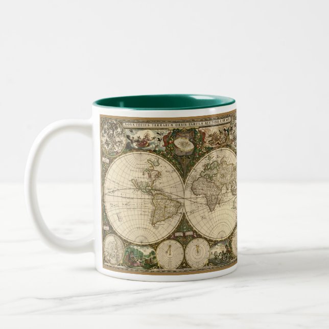 Antique 1660 World Map by Frederick de Wit Two-Tone Coffee Mug (Left)