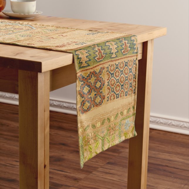 Antique 1676 English Sampler Print Short Table Runner (In Situ)