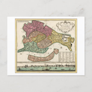 Antique 1729 Map of Venice, Italy, Postcard
