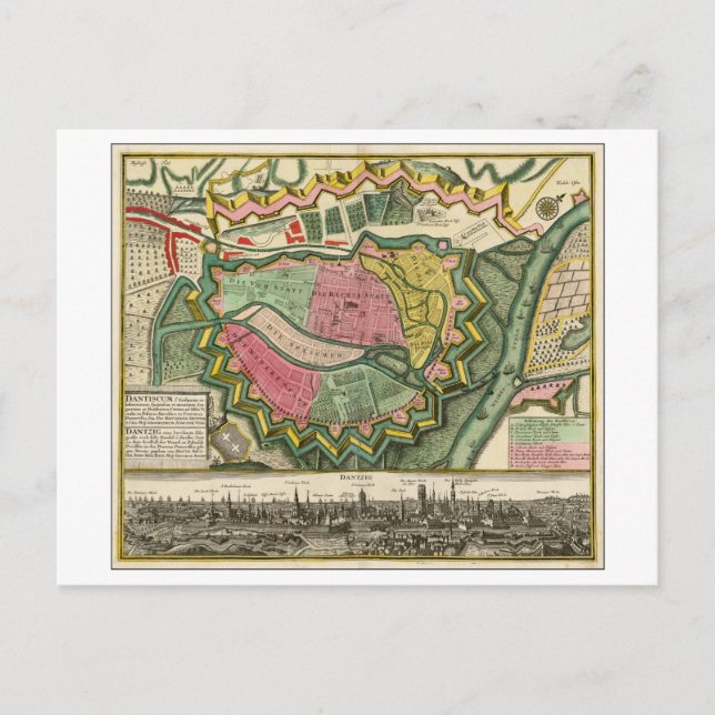 Antique 1730 Map of Gdansk, Poland,  Postcard (Front)