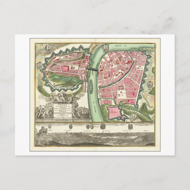Antique 1730 Map of Prague, Czech Republic, Postcard (Front)