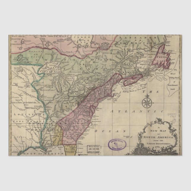 Antique 1763 North America Map, Restored Decoupage Tissue Paper (Front)