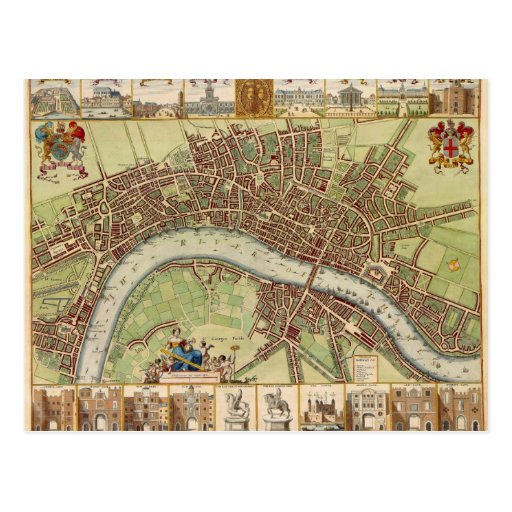Image of Antique 17th Century Map of London W. Hollar Postcard