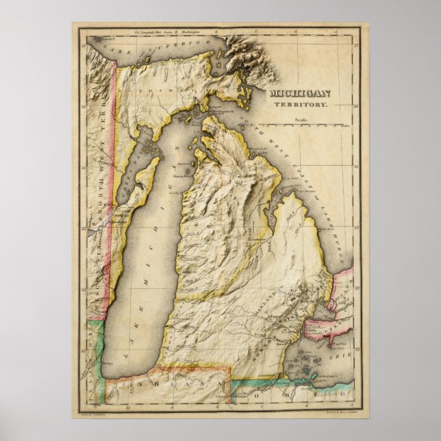 Antique 1822 Michigan Map with Modern Relief Poster (Front)