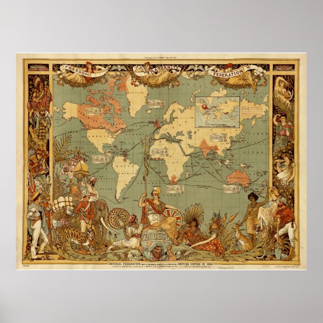 Antique 1886 World Map British Empire Poster (Front)