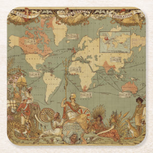 Antique 1886 World Map British Empire Poster Square Paper Coaster