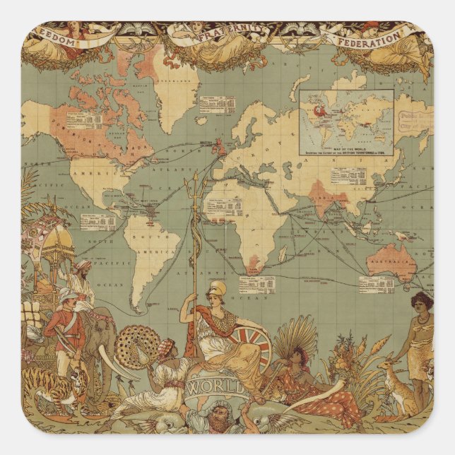 Antique 1886 World Map British Empire Poster Square Sticker (Front)