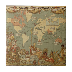 Antique 1886 World Map British Empire Poster Tile