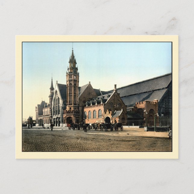 Antique 1890 colour photo Bruges railroad station Postcard (Front)