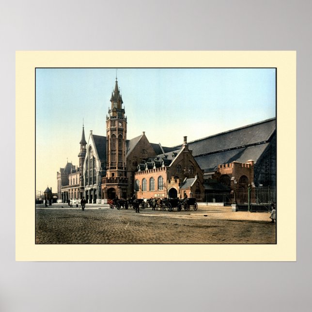 Antique 1890 colour photo Bruges railroad station Poster (Front)