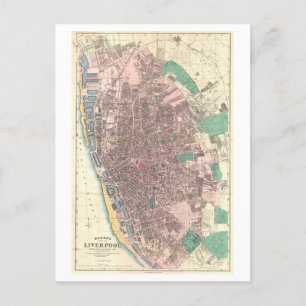 Antique 1890 Map of Liverpool, England, Postcard