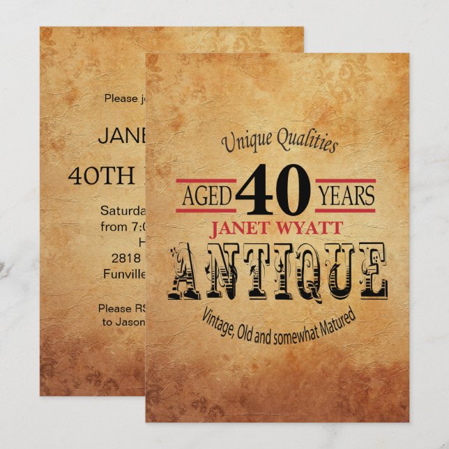 Antique 40th Birthday Invitation (Front/Back)