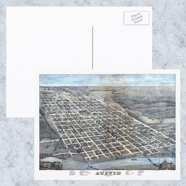Antique Aerial City Map of Austin, Texas, 1873 Postcard (Creator Uploaded)